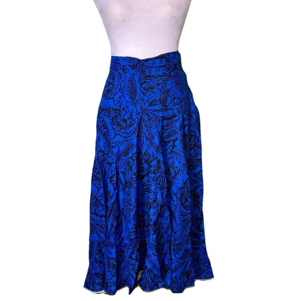Women's Boho Artsy Blue Botanical‎ Print Midi Skirt Flowy A-Line Tropical 13/14